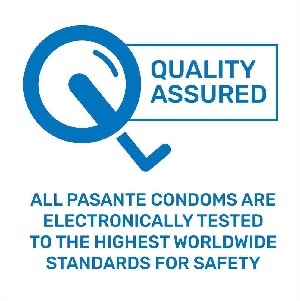 Logo 'Quality Assured' mit Text: 'ALL PASANTE CONDOMS ARE ELECTRONICALLY TESTED TO THE HIGHEST WORLDWIDE STANDARDS FOR SAFETY'.