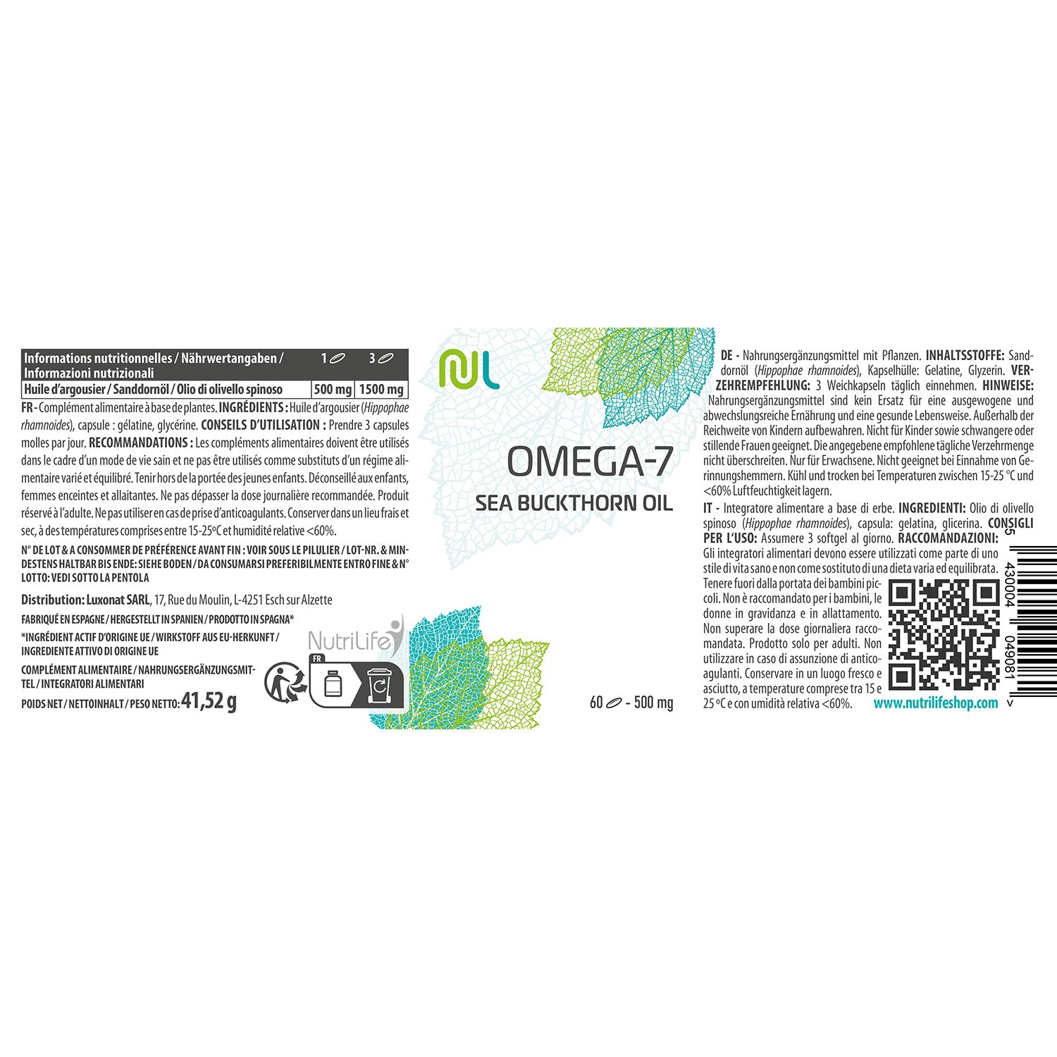 Produktetikett mit Text und Inhaltsangaben. "OMEGA-7 Sea Buckthorn Oil" und "Nutrilife" Logo. Enthält Informationen in mehreren Sprachen.