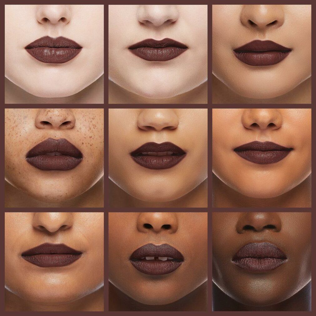 Collage von Lippen in verschiedenen Hauttönen, getragen mit dem NYX Suede Matte Lip Liner in Cold Brew.