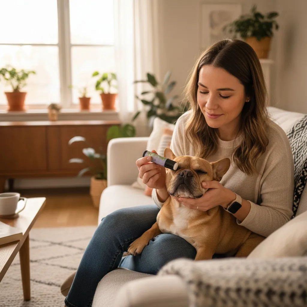 Frau mit Hund auf dem Schoß. Sie hält einen Pflegestift Nasenbutter.