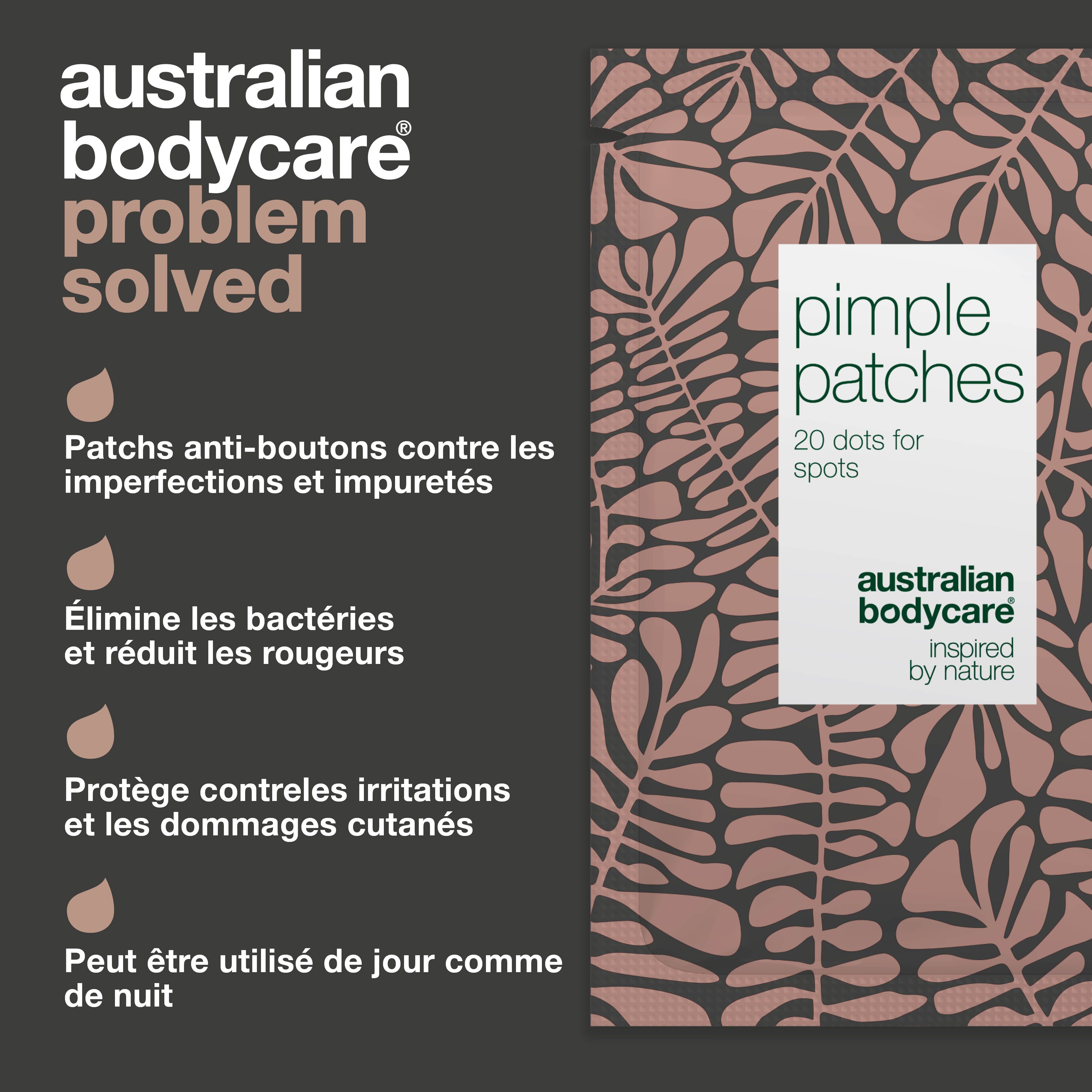Emballage de patchs anti-boutons. Texte : Pimple Patches, 20 dots for spots, Australian Bodycare.