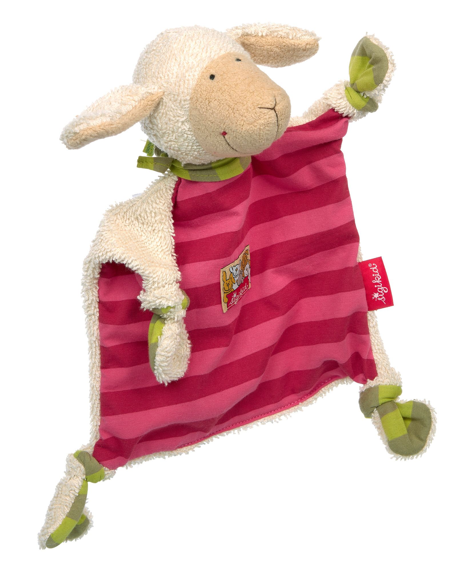 Kuscheltuch Schaf mit rosa-weiß gestreiftem Tuch. Schafkopf und -beine aus Plüsch. Grün-karierte Details. Label "sigikid".
