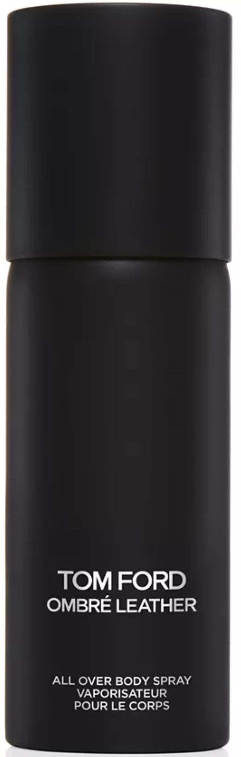 Schwarze Sprühflasche mit Text: TOM FORD OMBRÉ LEATHER. ALL OVER BODY SPRAY. VAPORISATEUR POUR LE CORPS.