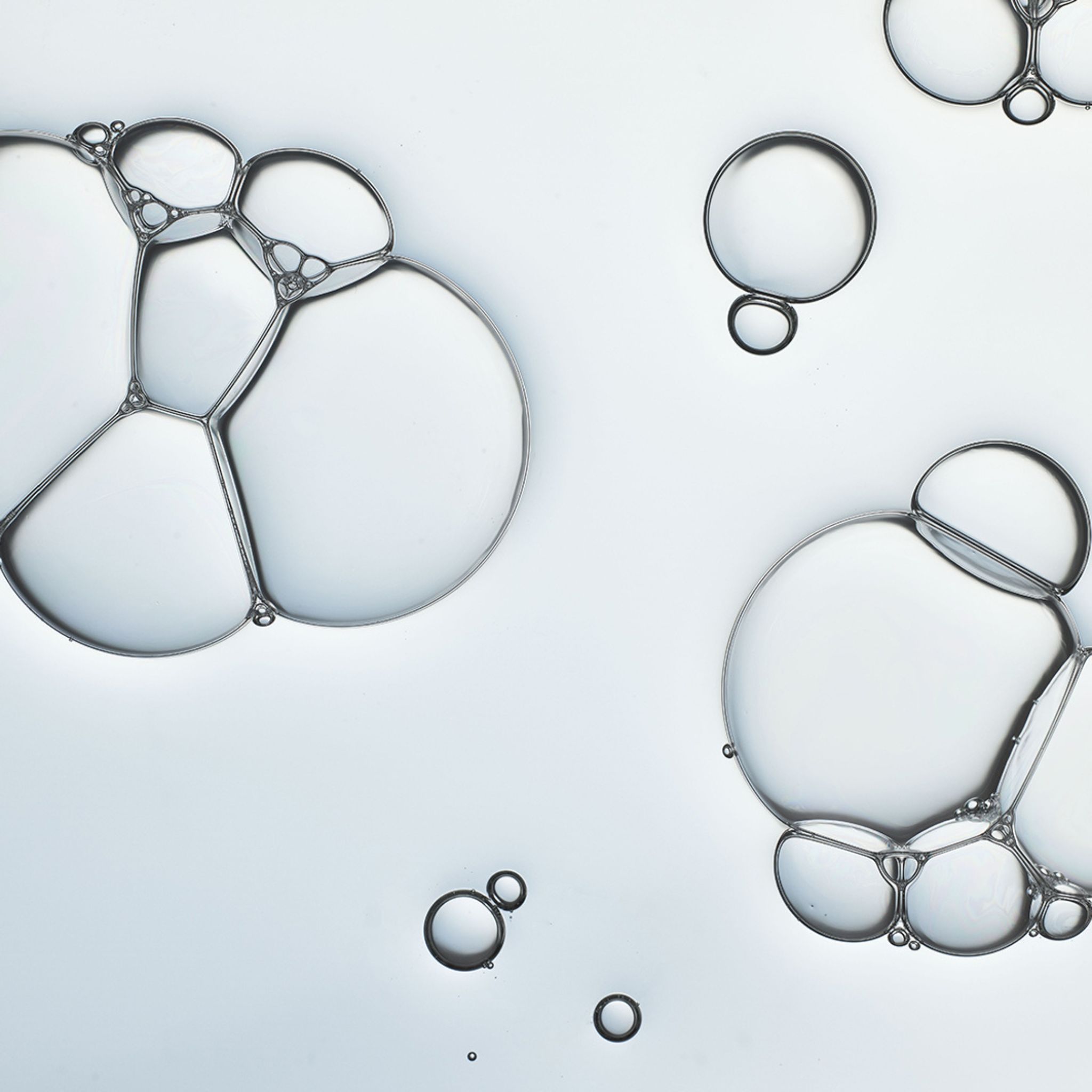 Nahaufnahme von Seifenblasen. Mehrere transparente Blasen unterschiedlicher Größe auf hellem Hintergrund.