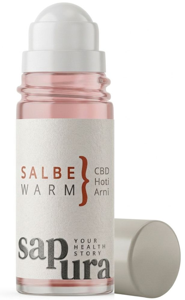 Roll-On-Flasche mit rosa Flüssigkeit. Beschriftung: Salbe, Warm, CBD, Hoti, Arni. Marke: sapura. Deckel daneben.