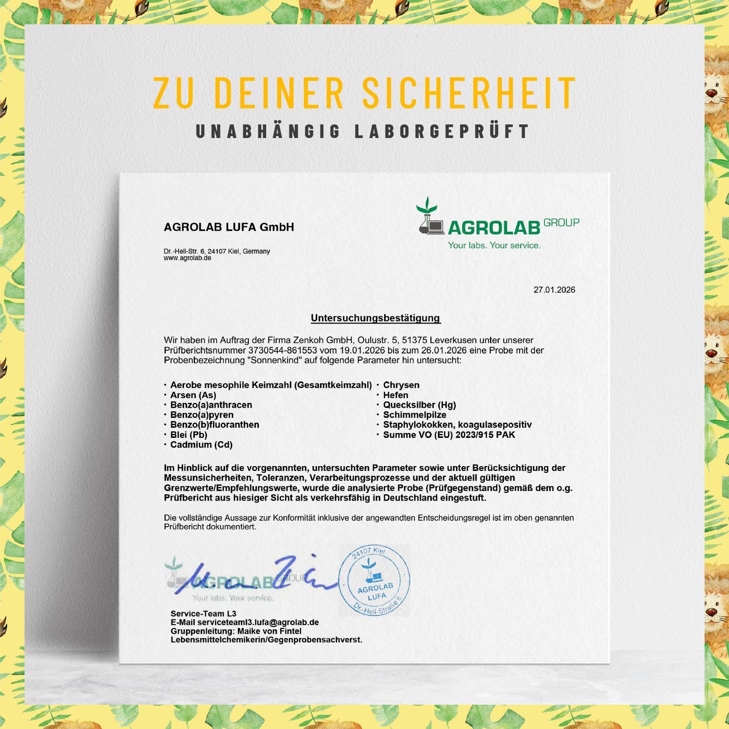 Zertifikat von AGROLAB LUFA GmbH. Text: Untersuchungsergebnis. Unterschrift. Siegel. Text: Zu deiner Sicherheit. Unabhängig laborgeprüft.