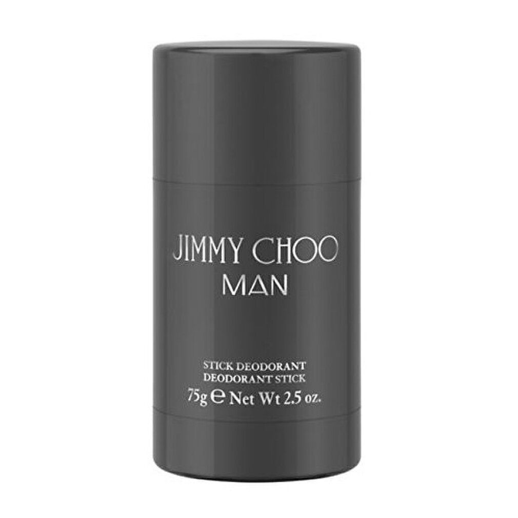 Grauer Deodorant-Stick. Aufschrift: JIMMY CHOO MAN, STICK DEODORANT, 75g e Net Wt 2.5 oz.