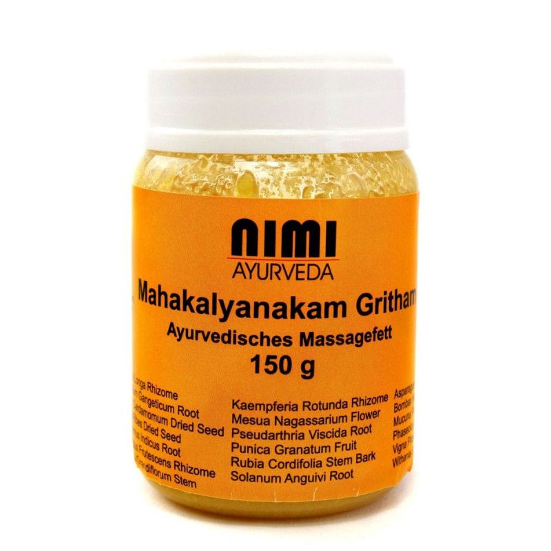 Glas mit orangefarbenem Etikett. Aufschrift: Nimi Ayurveda, Mahakalyanakam Gritham, 150 g. Ayurvedisches Massagefett.