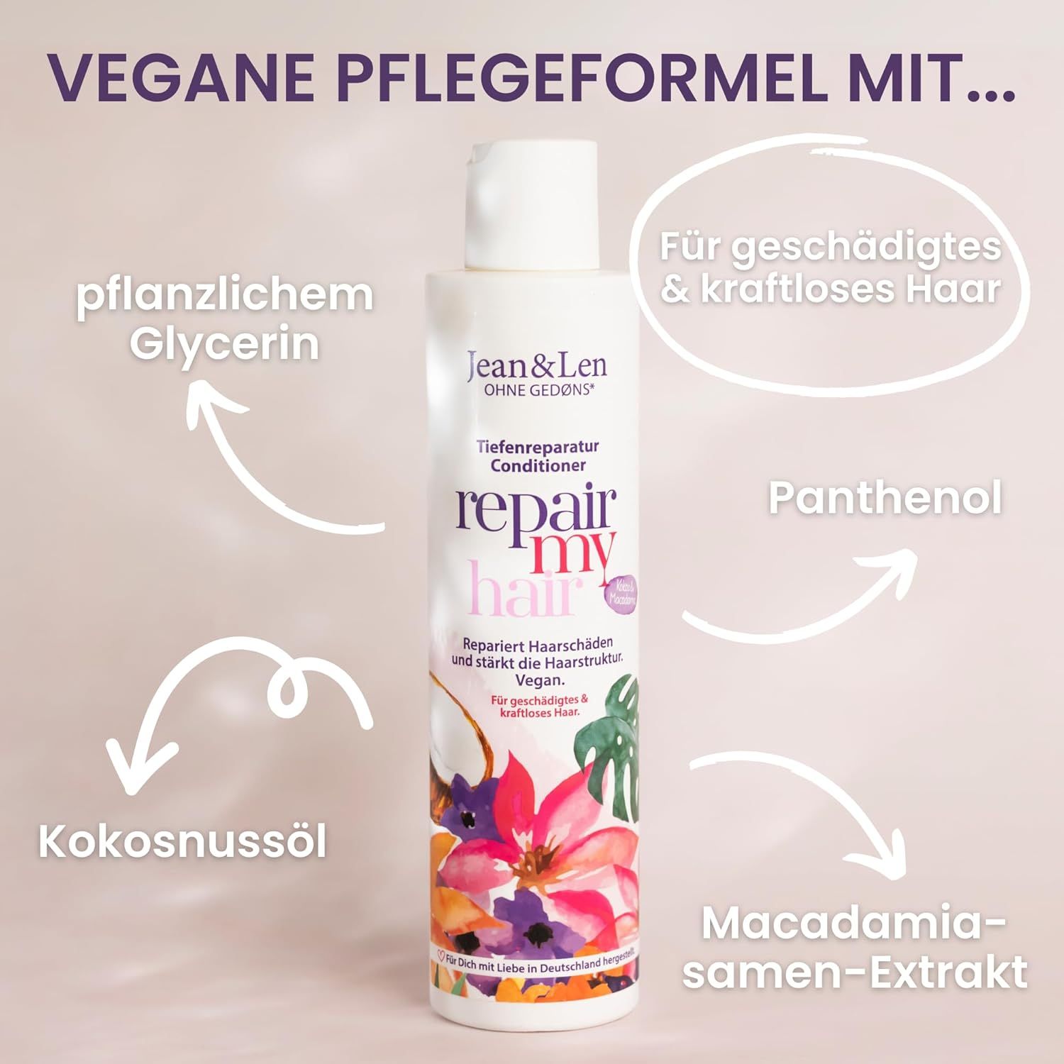 Flasche mit "Jean & Len" und "repair my hair". Pfeile zeigen auf Inhaltsstoffe: Kokosnussöl, Glycerin, Panthenol, Macadamia.