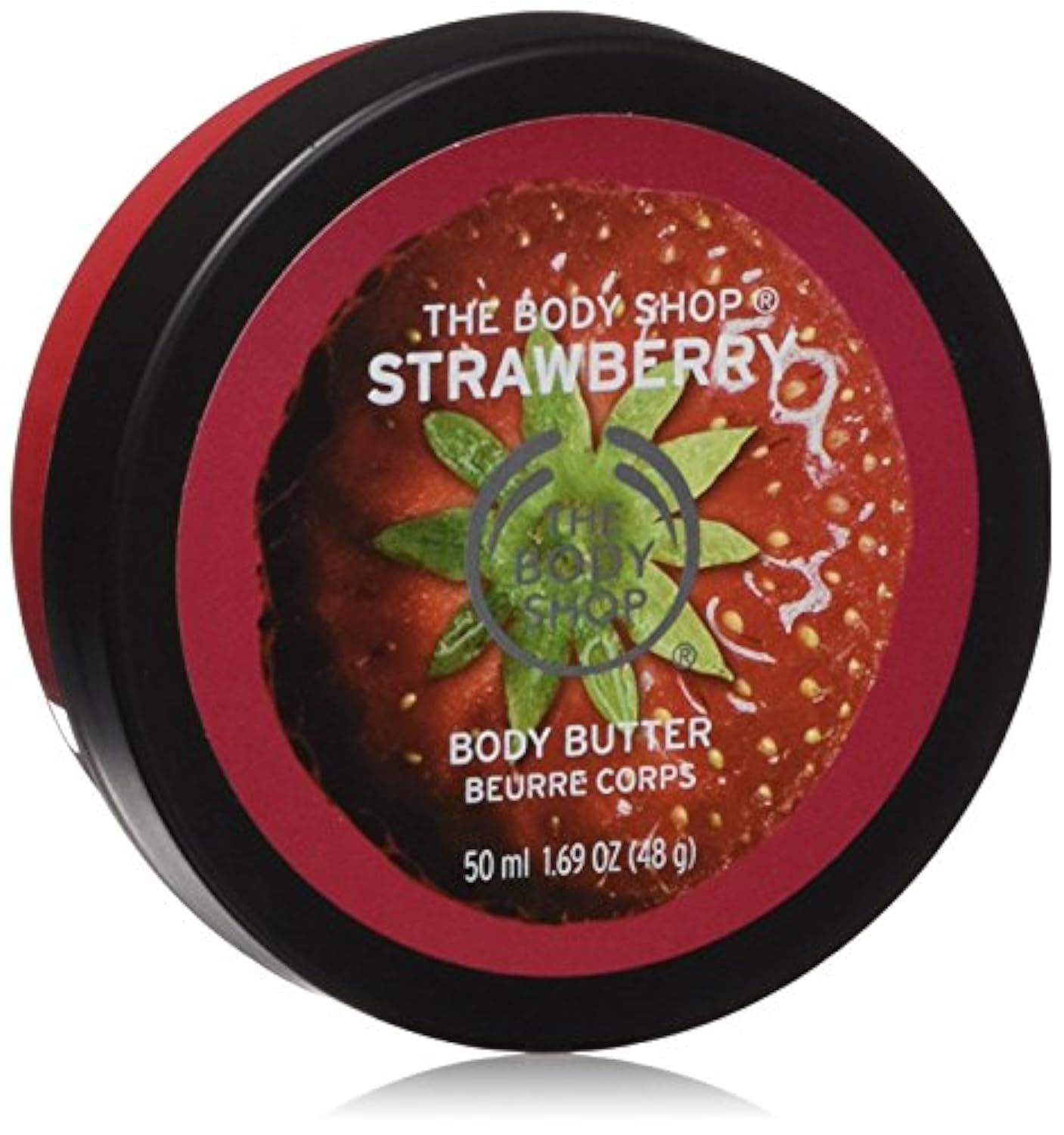 The Body Shop Erdbeer Body Butter in runder Dose mit Erdbeer-Design und 50ml Angabe.