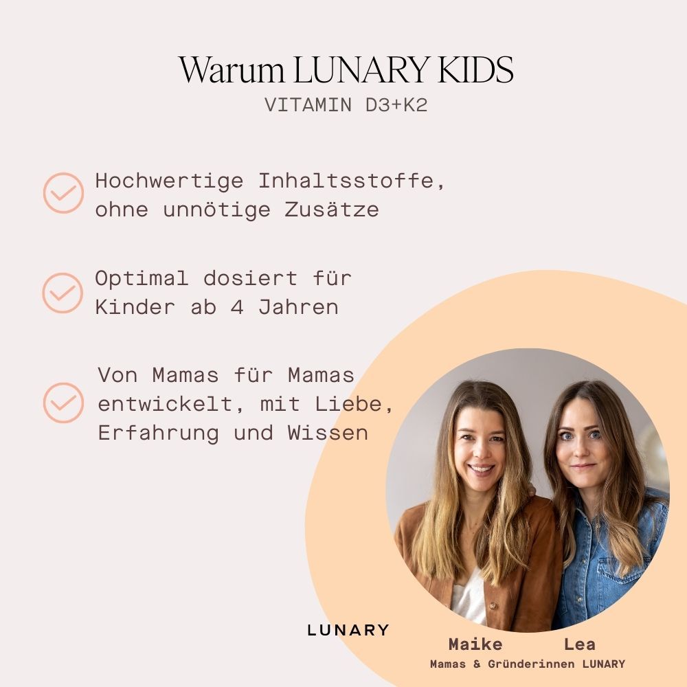 Zwei Frauen lächeln. Text: Warum LUNARY KIDS. Hochwertige Inhaltsstoffe, optimal dosiert, von Mamas für Mamas.