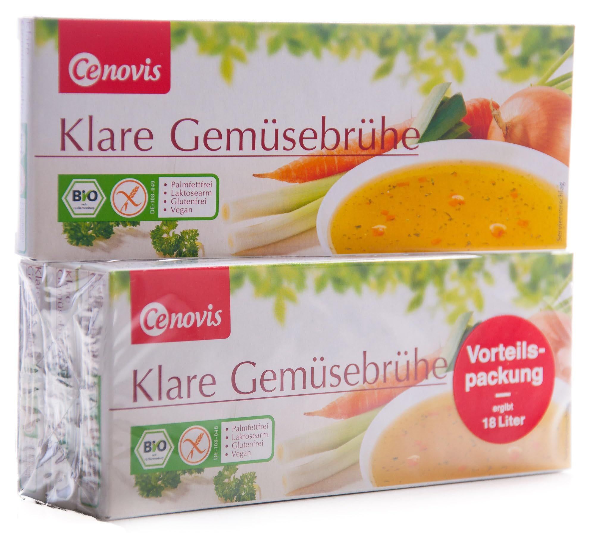 Zwei Packungen Cenovis Klare Gemüsebrühe, eine davon als Vorteilspackung.