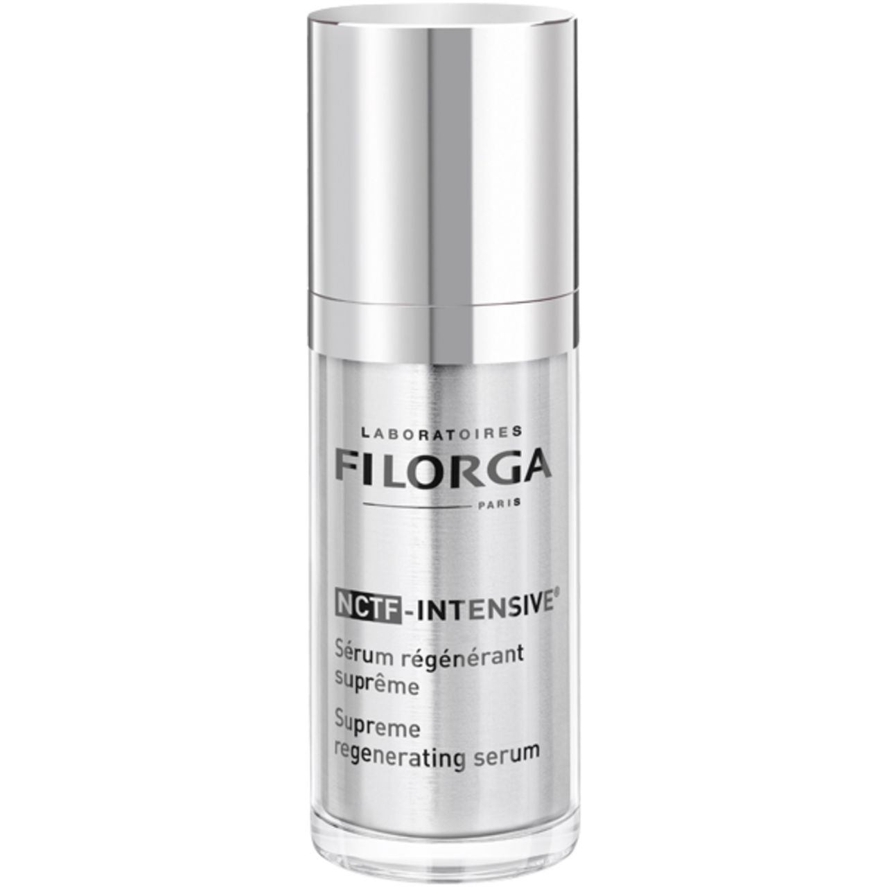 Filorga NCEF Intensive Serum in silberner Spenderflasche.