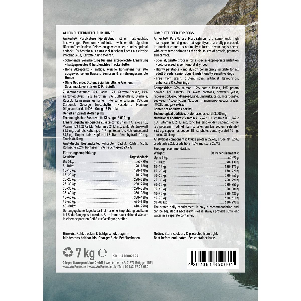 Rückseite der Trockenfutter-Verpackung. Text: AniForte PureNature FjordSalmon. Fütterungsempfehlung, Inhaltsstoffe, Analytische Bestandteile. 7 kg.