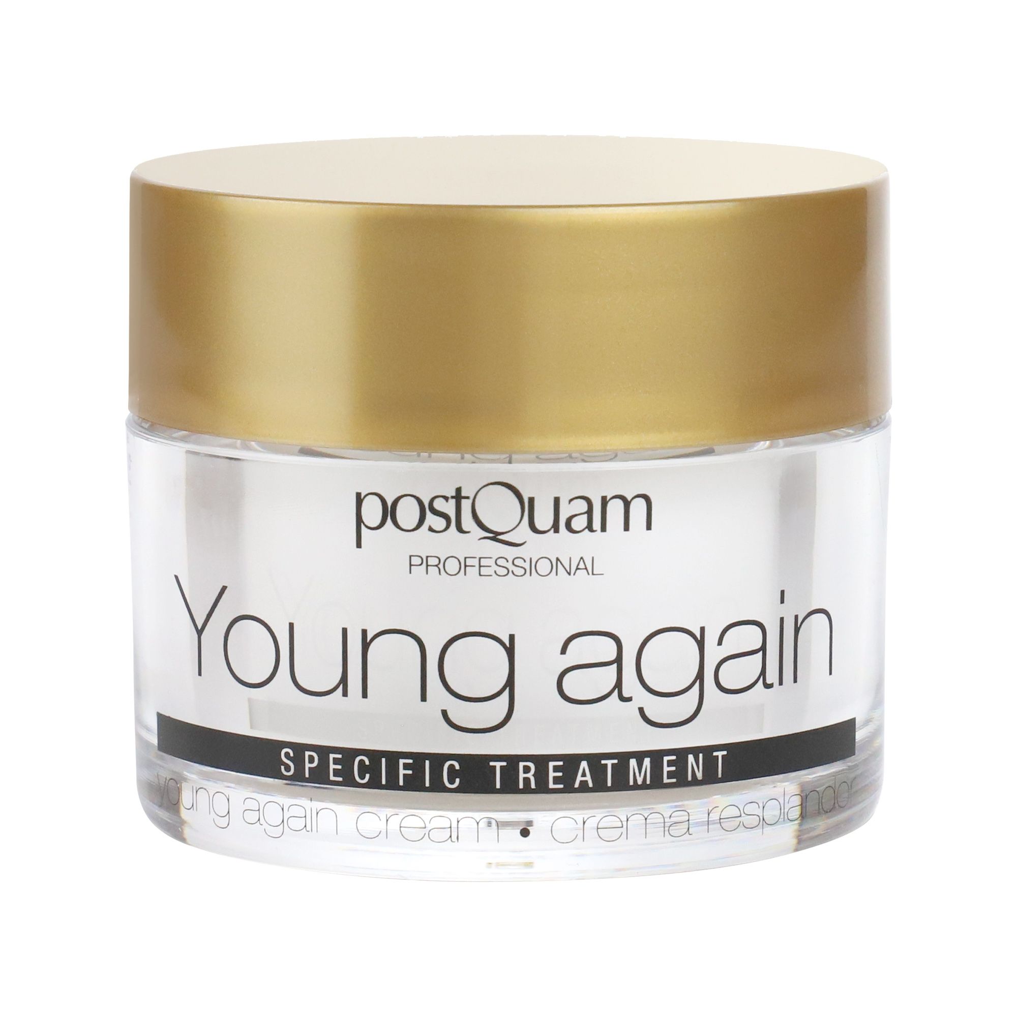 Glascreme mit goldfarbenem Deckel. Aufschrift: Young again, Specific Treatment. Marke: Postquam.