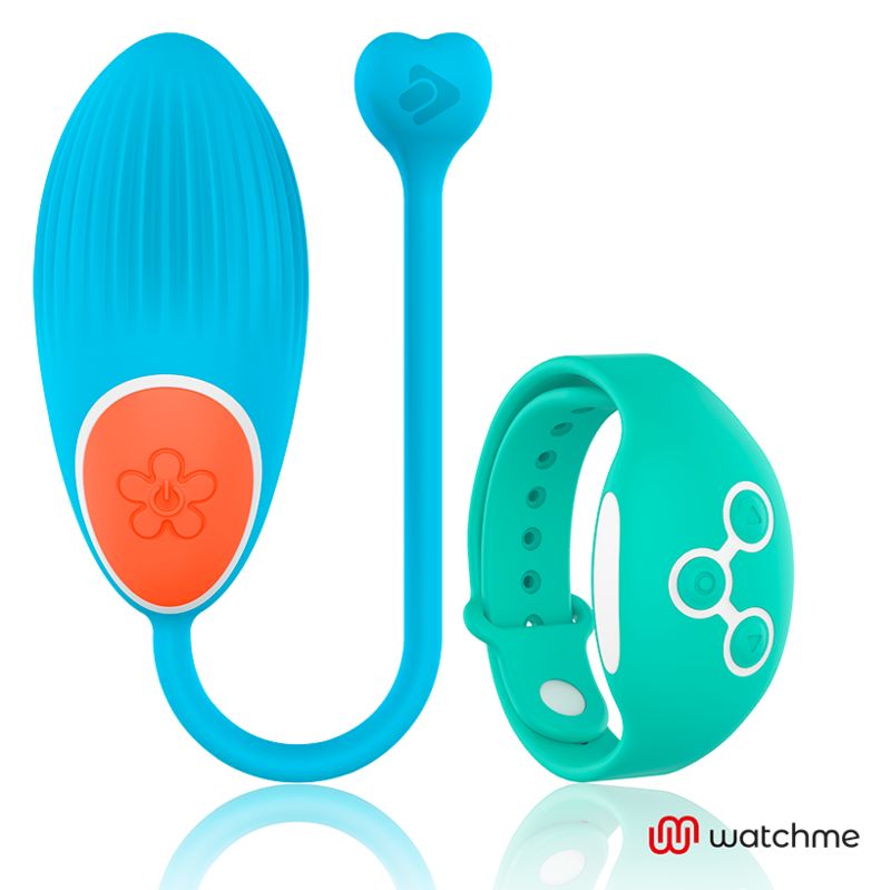 Blaues Ei mit orangefarbenem Knopf und grünem Armband. Herzförmiger Griff. Marke: watchme.
