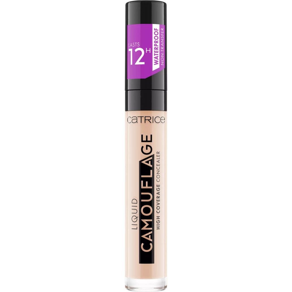Catrice Flüssiger High-Coverage Concealer. Beige Tube mit schwarzem Deckel. Aufschrift: LIQUID CAMOUFLAGE, HIGH COVERAGE CONCEALER. 12H Waterproof.