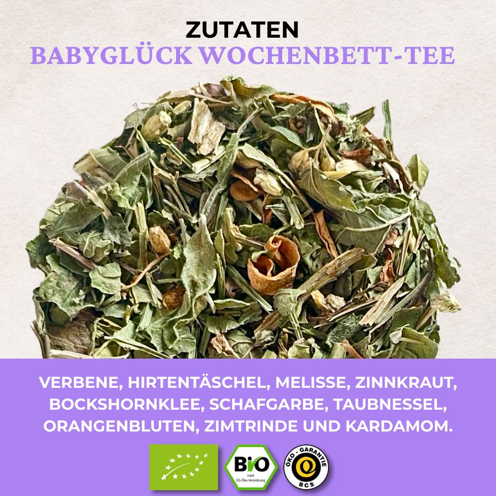 Haufen loser Kräuter. Zutaten: Verveine, Melisse, Zinnkraut, Bockshornklee, Schafgarbe, Taubnessel, Orangenblüten, Zimtrinde, Kardamom. Bio-Siegel.