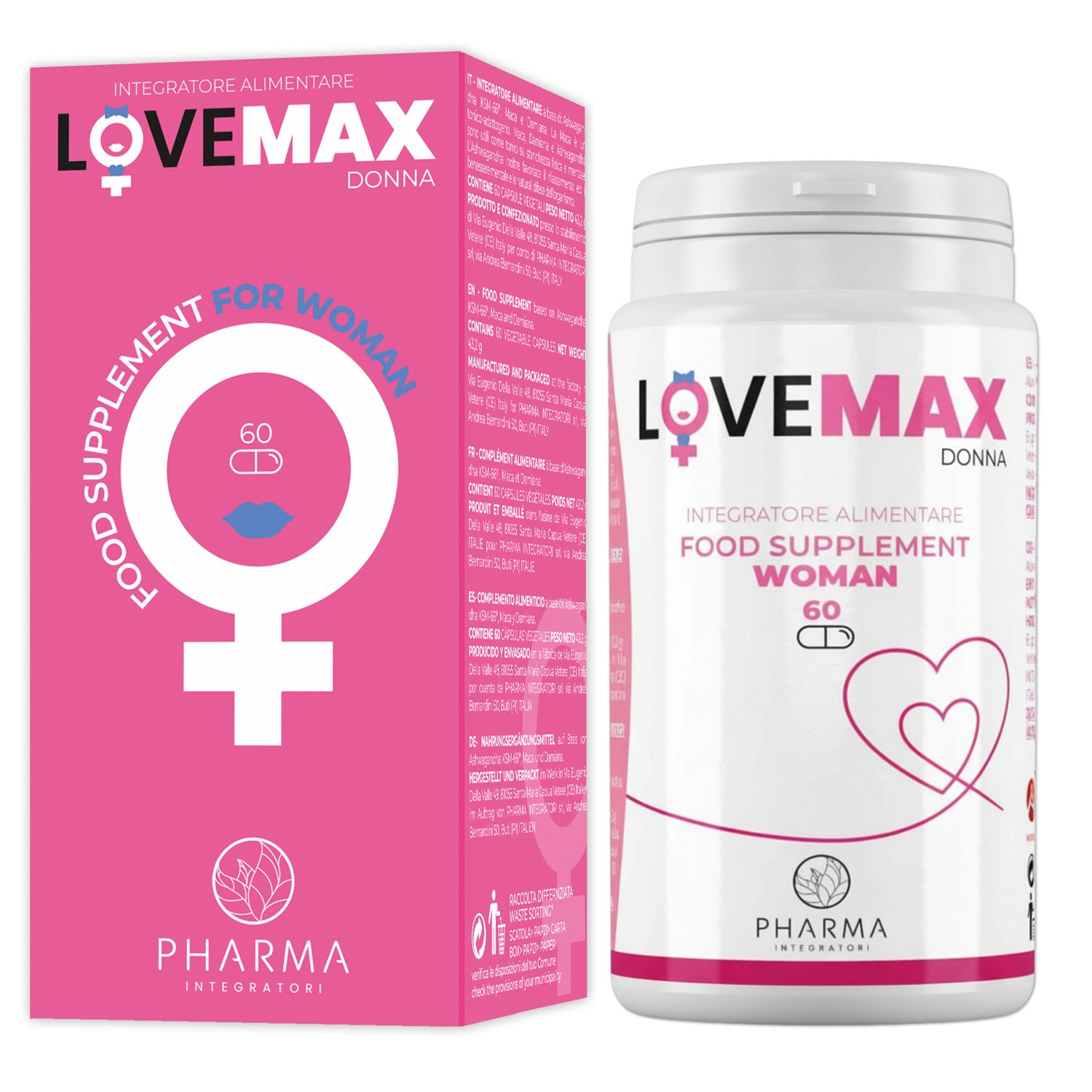 Rosa Schachtel und weißes Pillenbehälter. Text: LOVE MAX DONNA, Nahrungsergänzungsmittel, 60 Kapseln. Grafik.