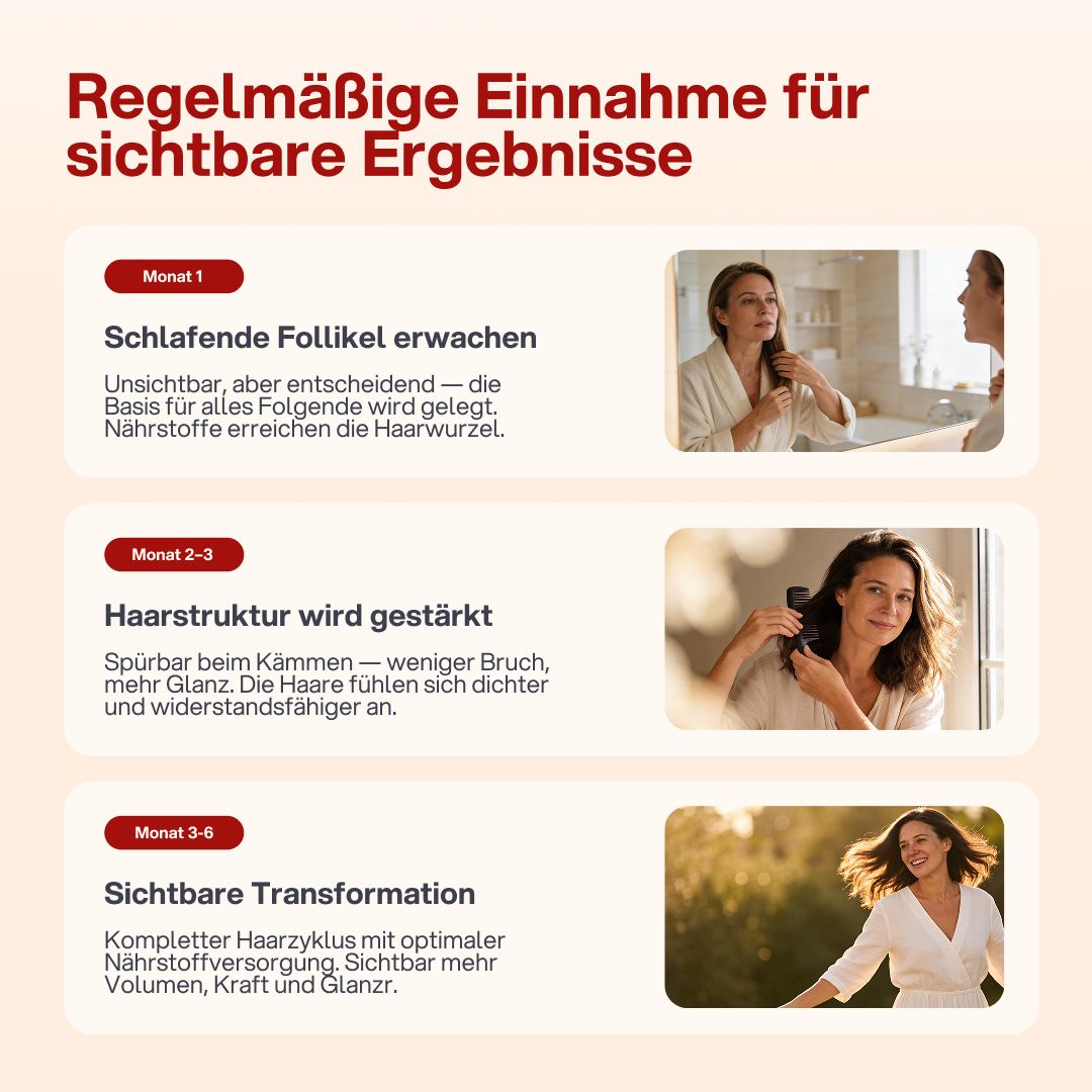 Drei Bilder zeigen Ergebnisse nach 1-3 Monaten. Frau kämmt sich, Haare glänzen, Frau im Freien. Text: Sichtbare Transformation.