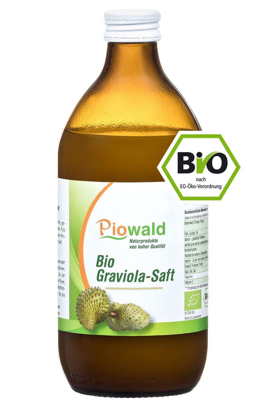 Braune Glasflasche mit weißem Deckel. Etikett mit "Piowald Bio Graviola-Saft" und Bio-Siegel. Frucht-Illustration.