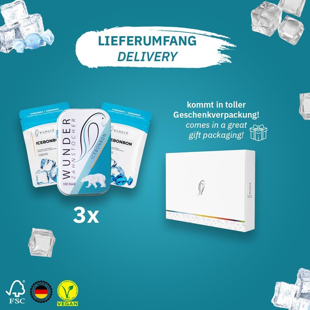 Bundle mit 3 Packungen, Metallbox und Geschenkverpackung. Text: "Wunder Zahnstocher", "Eisbonbon". Eiswürfel im Hintergrund.