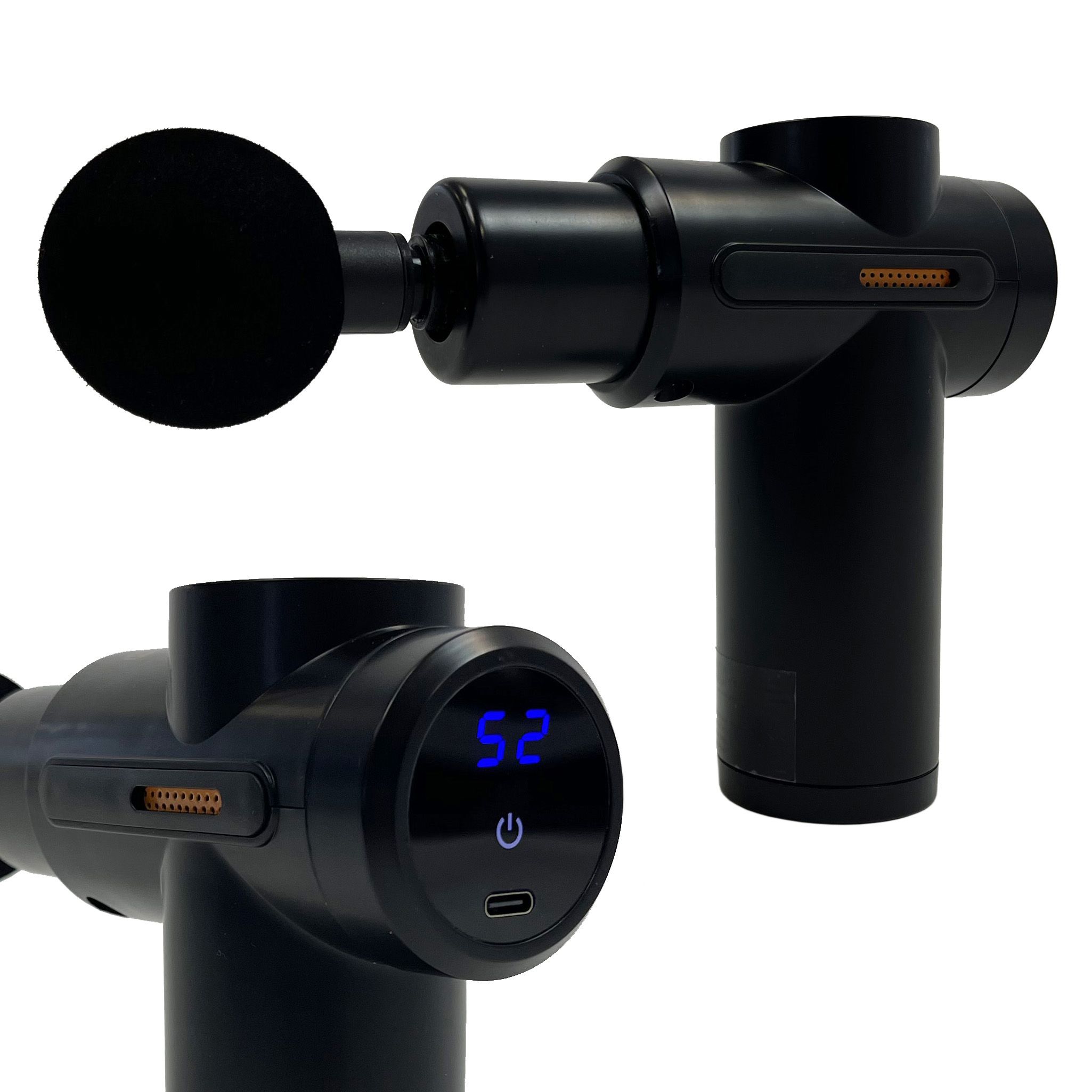 Twee zwarte massagepistolen met digitale display. De display toont het getal 52 en een oplaadsymbool.