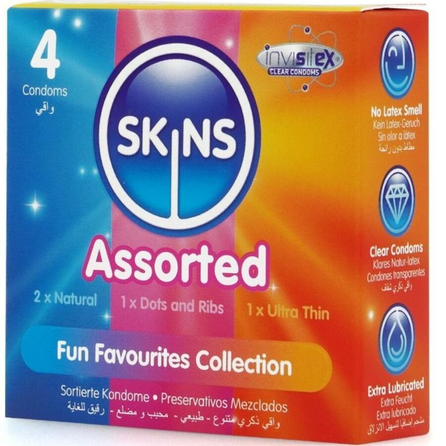 Verpackung SKINS Assorted Kondome. 4 Kondome, darunter Natural, Dots and Ribs und Ultra Thin. Fun Favourites Collection. Zusätzliche Icons.