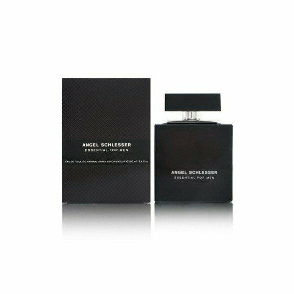 Schwarzer Flakon und Schachtel. Aufschrift: Angel Schlesser Essential For Men. Eau de Toilette Spray.