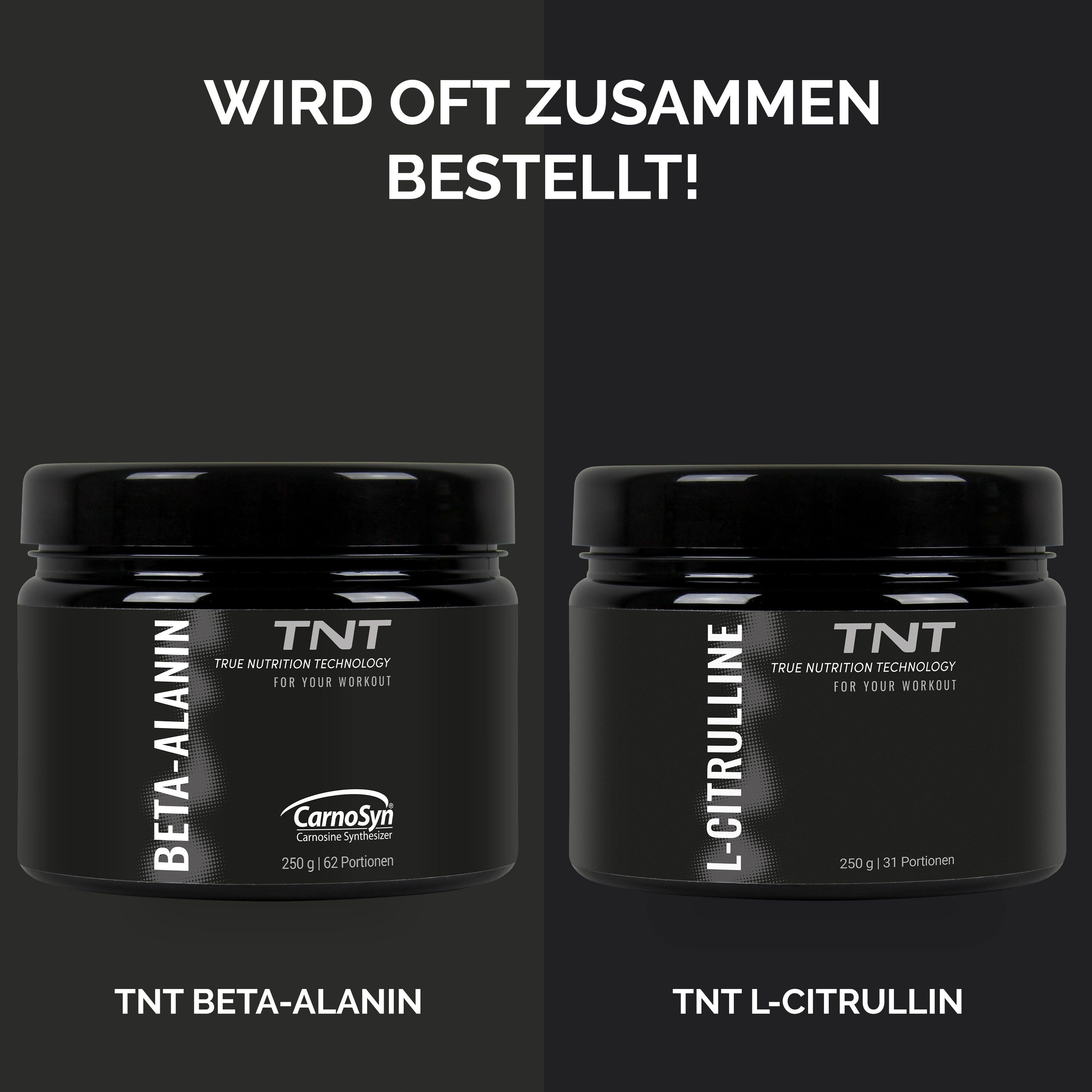 Zwei Produktgläser nebeneinander. Links: TNT Beta-Alanin. Rechts: TNT L-Citrullin.