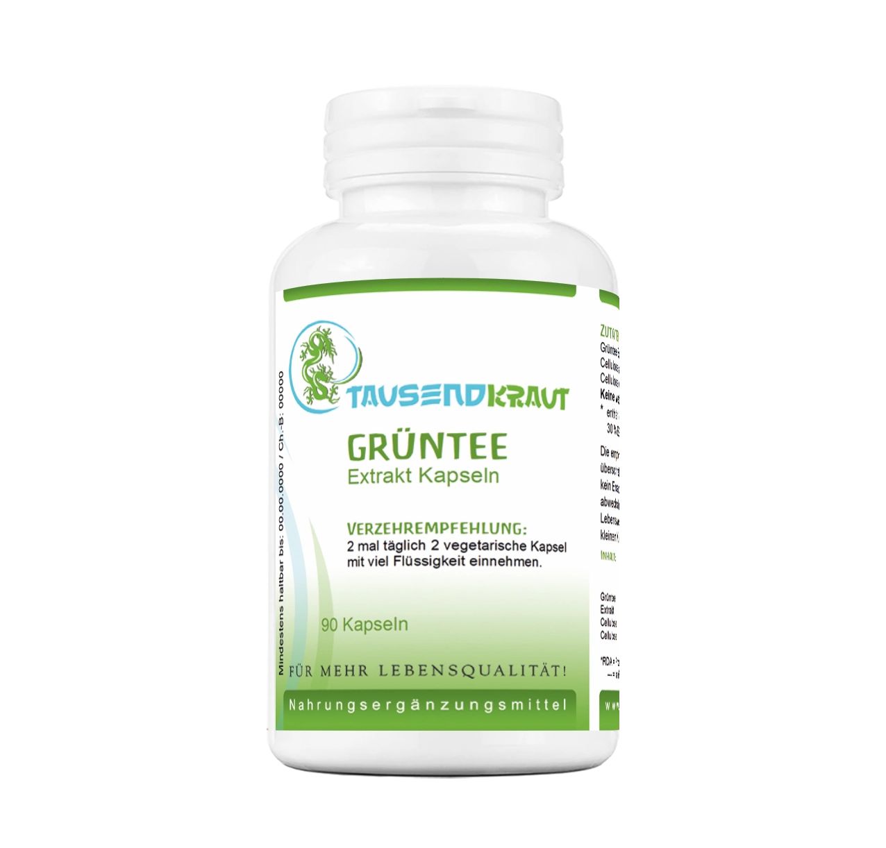 Weiße Flasche mit grüner Beschriftung. Enthält Kapseln. Aufschrift: Grüntee Extrakt Kapseln. 90 Kapseln. Nahrungsergänzungsmittel.