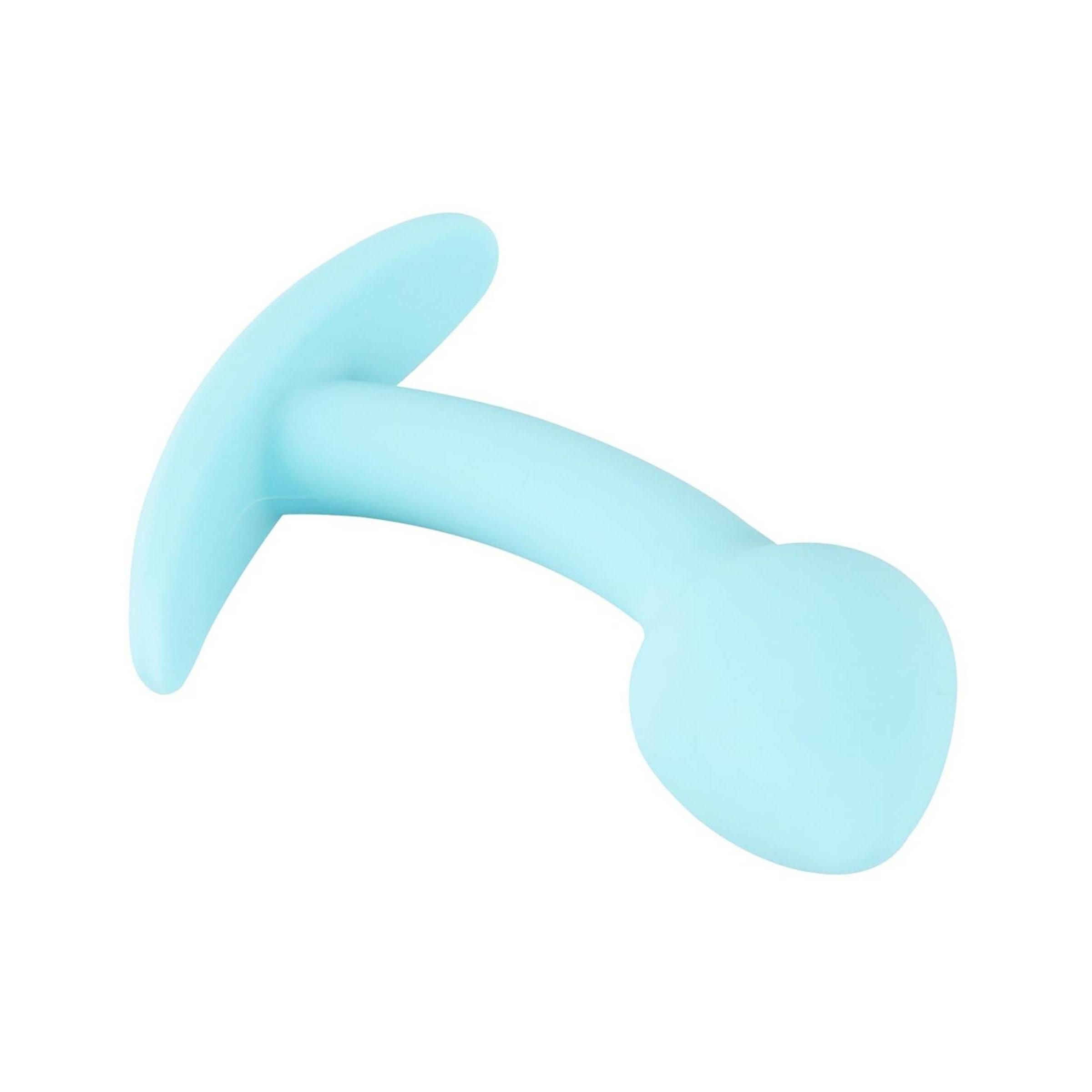 Hellblaues, gebogenes Analspielzeug mit abgerundeter Spitze und Basis. Aus weichem Material.