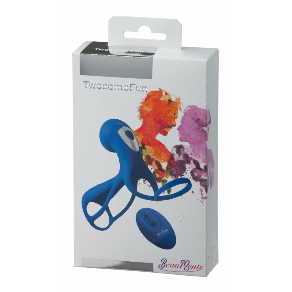 Verpackung mit Produktabbildung. Blaues Wellness-Produkt und ovale Fernbedienung.