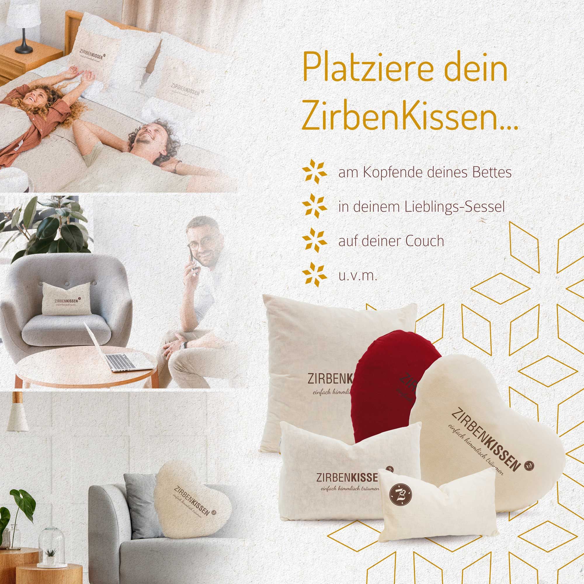 Verschiedene Kissen. Herzförmig, rund, rechteckig. Text auf Kissen.