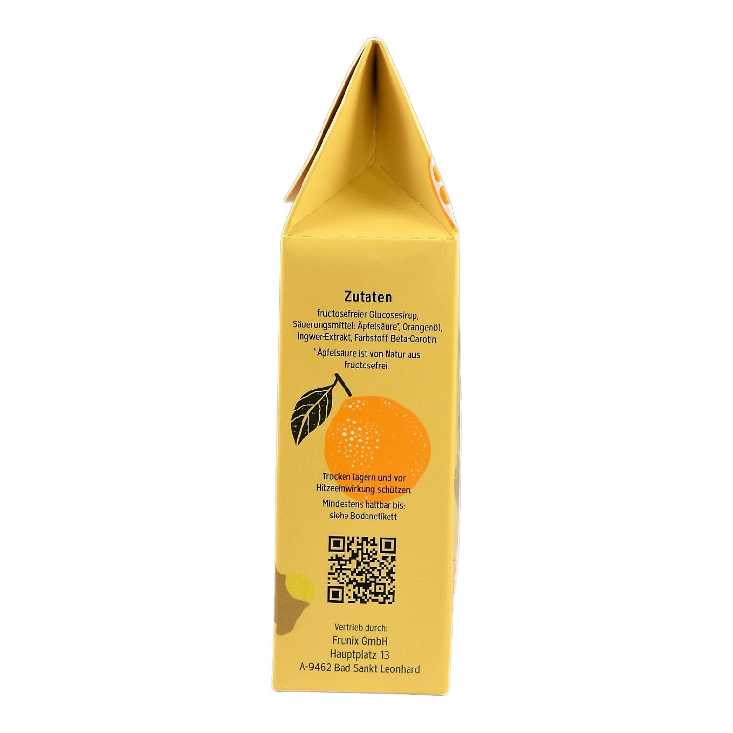 Gelbe Verpackung, Seitenansicht. Zutatenliste, QR-Code, Illustrationen von Orange und Ingwer. Text: FRUNIX, Bonbons ohne Fructose.