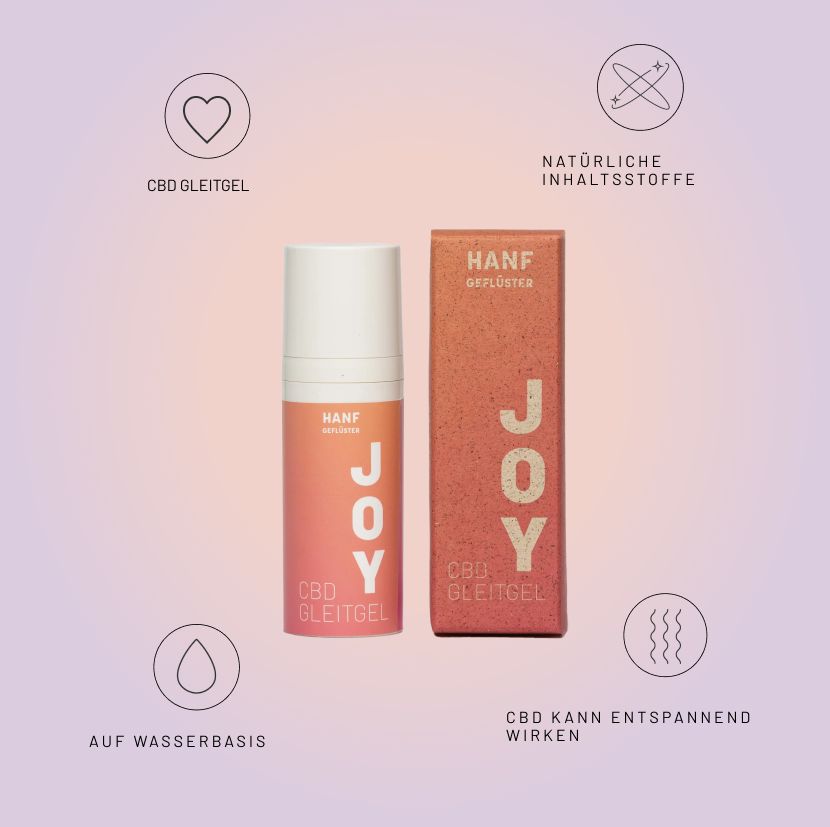 Gleitgel-Flasche und Verpackung. Aufschrift "HANFGEFLÜSTER JOY CBD GLEITGEL". Auf Wasserbasis, natürliche Inhaltsstoffe, CBD kann entspannend wirken.