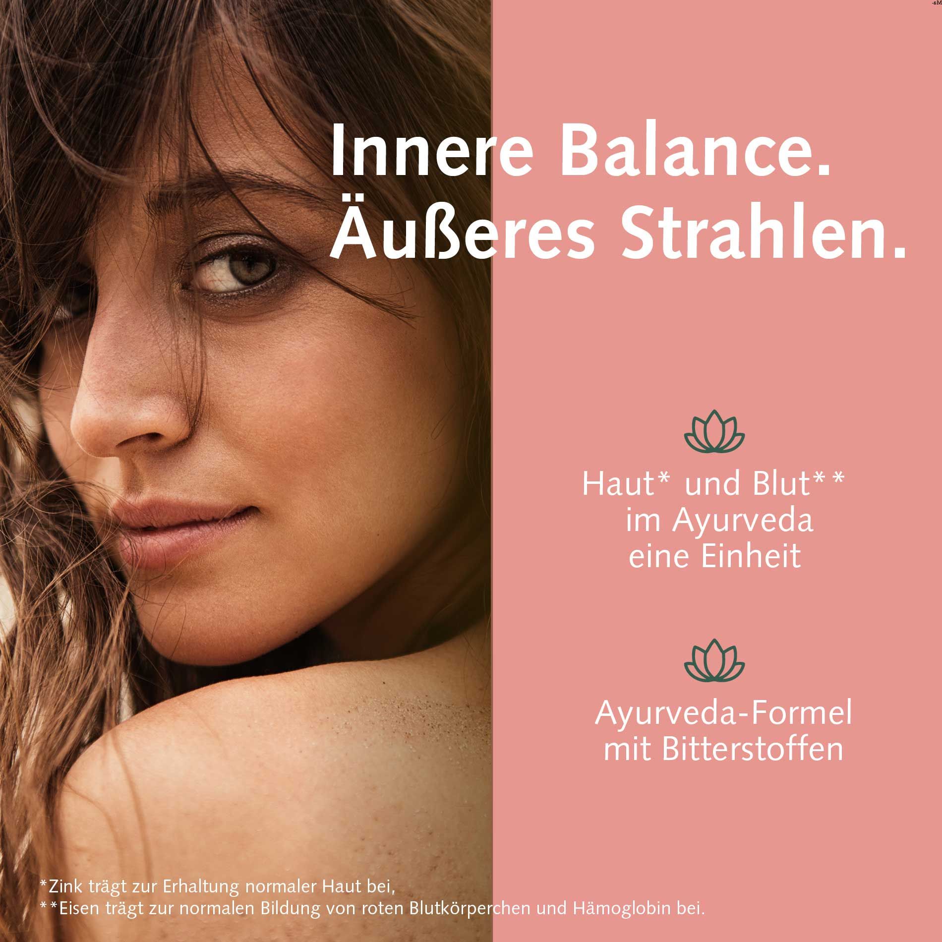 Porträt einer Frau mit Text "Innere Balance. Äußeres Strahlen." und Ayurveda-Symbolen.