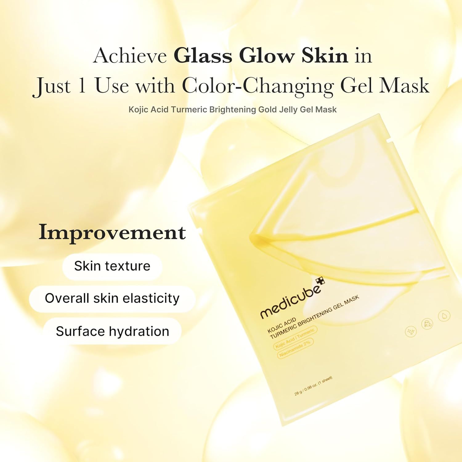 Verpackung der Medicube Kojic Acid Turmeric Brightening Gel Mask. Text: Achieve Glass Glow Skin, Verbesserung der Haut.