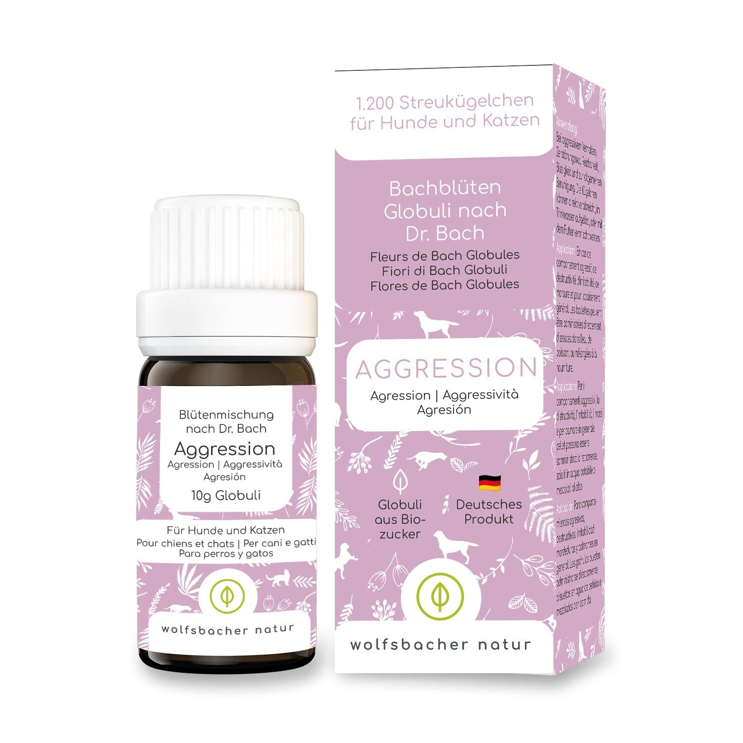 Braune Glasflasche und Karton mit Produktinformationen. Aufschrift: Aggression, Bachblüten Globuli, für Hunde und Katzen.