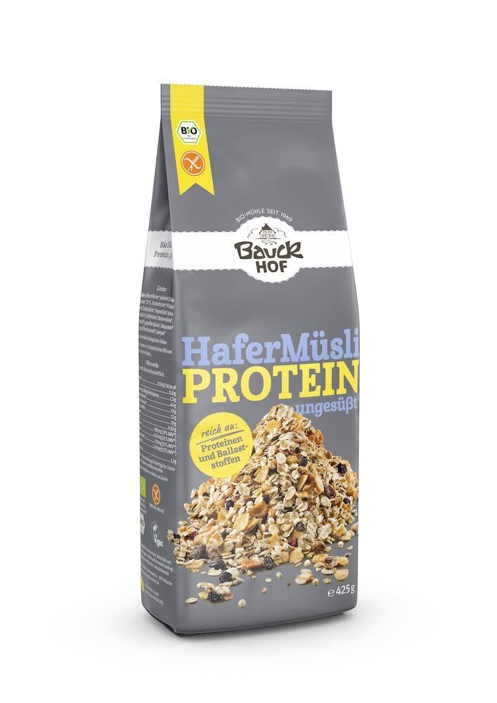 Bauckhof Haferflocken Protein Sport Müsli, glutenfrei, 425g Packung, mit Müsli-Haufen.