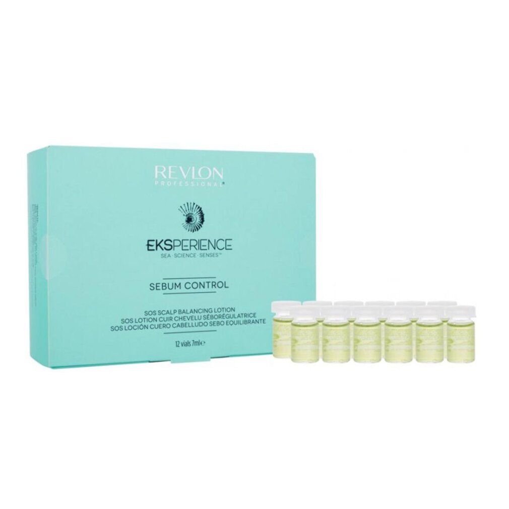 Hellgrüne Schachtel mit 12 kleinen Fläschchen. Auf der Schachtel steht "Revlon Eksperience Sebum Control".