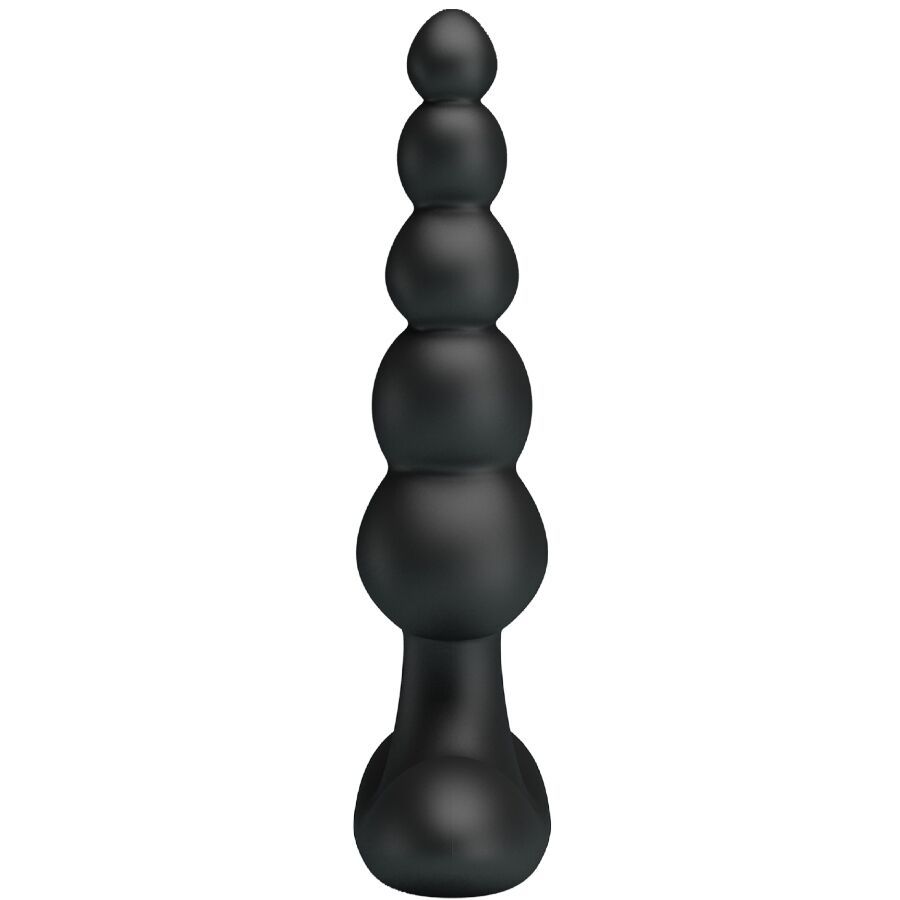 Schwarzer Analvibrator mit abgerundeten Formen. Besteht aus mehreren unterschiedlich großen Kugeln und einem T-förmigen Griff.