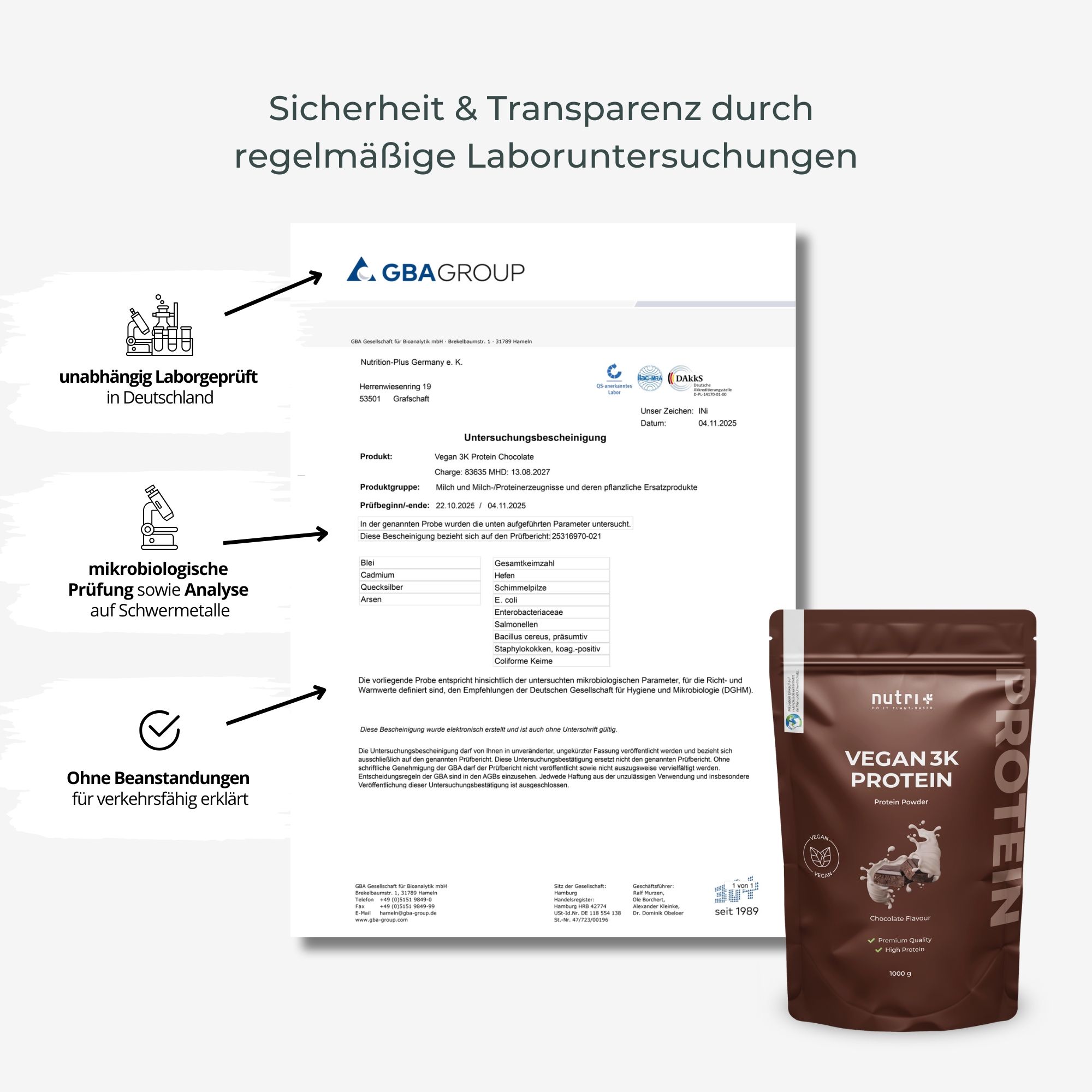 Laborbericht und Proteinpulver-Beutel. Der Bericht zeigt Ergebnisse von Laboruntersuchungen. Beutel mit Aufschrift: VEGAN 3K PROTEIN.