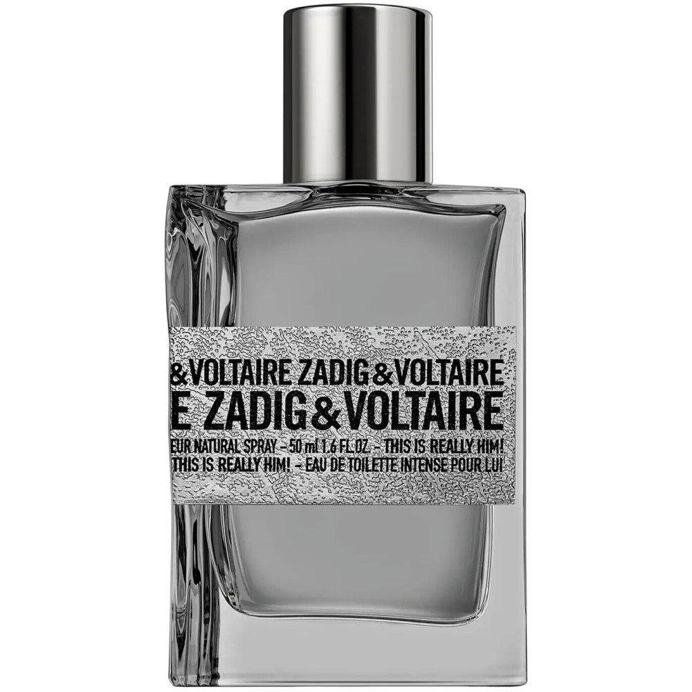 Rechteckiger Flakon mit silbernem Verschluss. Aufschrift: Zadig & Voltaire. 50 ml Eau de Toilette Intense für Herren.