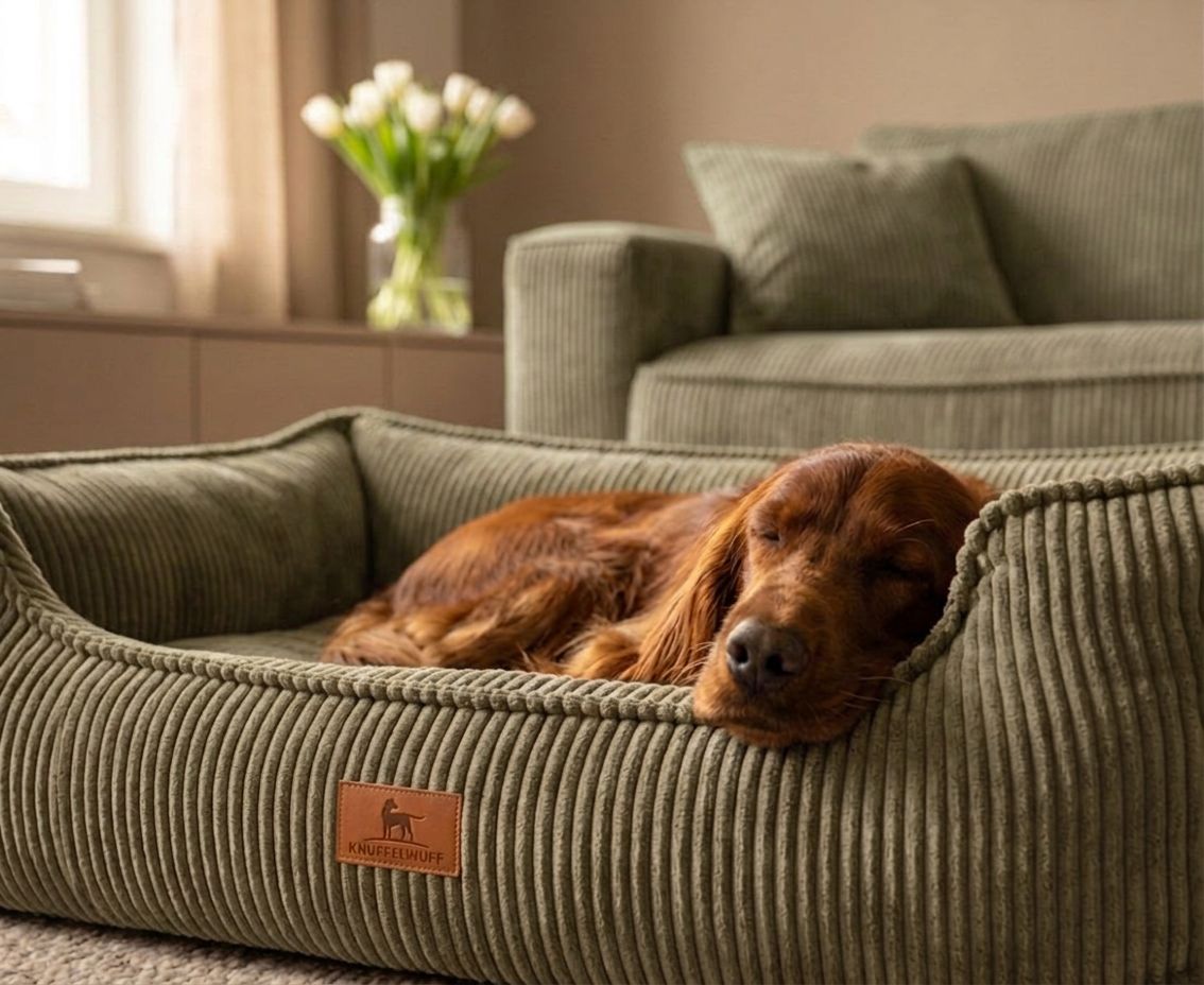 Ein Hund schläft in einem orthopädischen Hundebett aus Khaki-Cord mit niedrigem Einstieg.