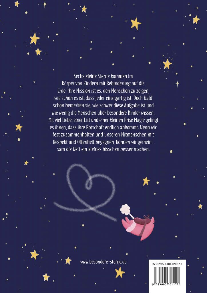 Rückseite des Buches "Die Reise der besonderen Sterne". Text über Sterne und Kinder, Herz-Illustration.