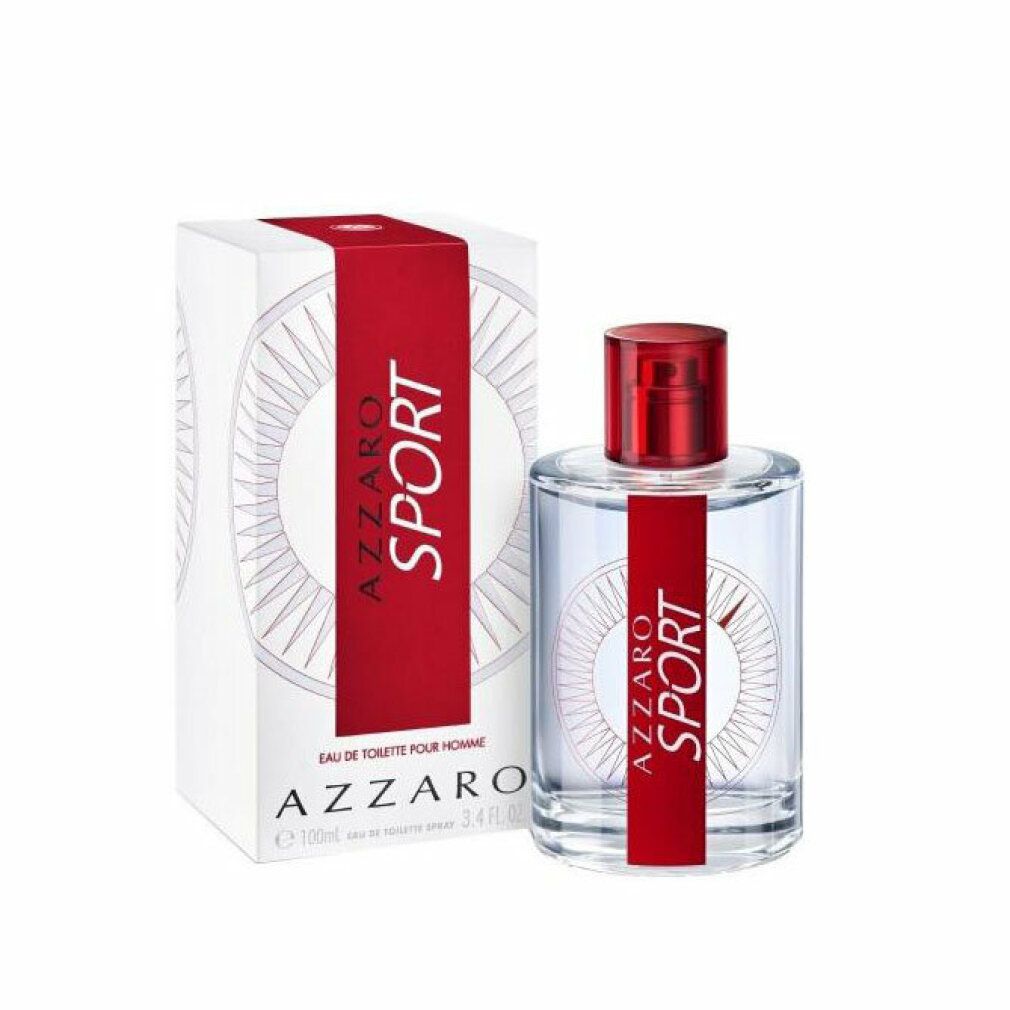 Glasflakon mit rotem Verschluss und roter Banderole mit "AZZARO SPORT"-Schriftzug. Daneben eine weiße Schachtel mit roter Banderole und Logo.