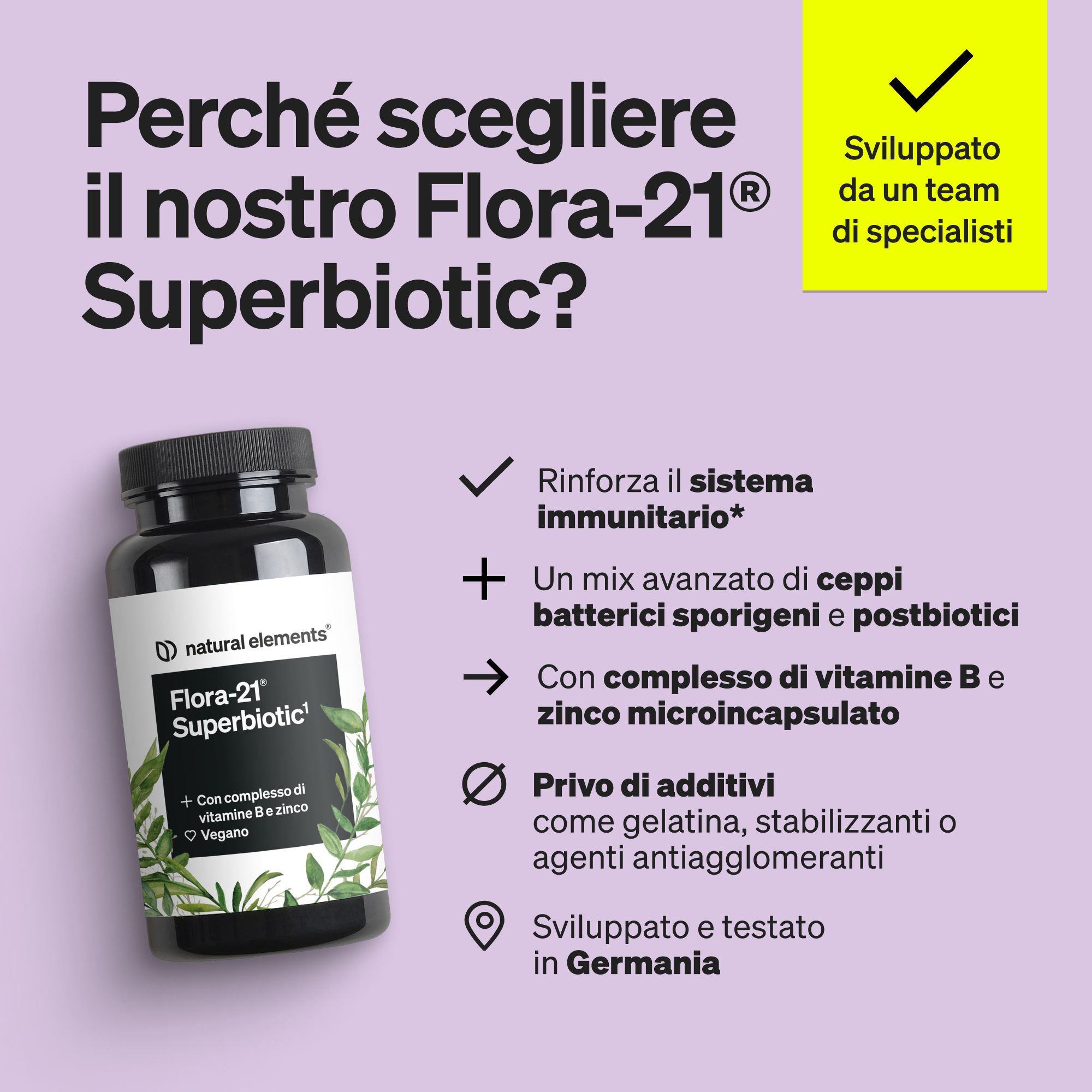 Flasche mit Natural Elements Flora-21 Superbiotic und Text über die Vorteile.