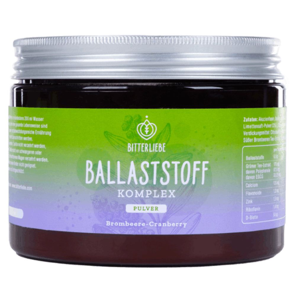 Braune Dose mit grünem und lila Etikett. Aufschrift: BitterLiebe, Ballaststoff Komplex, Pulver, Brombeere-Cranberry. Silberner Deckel.