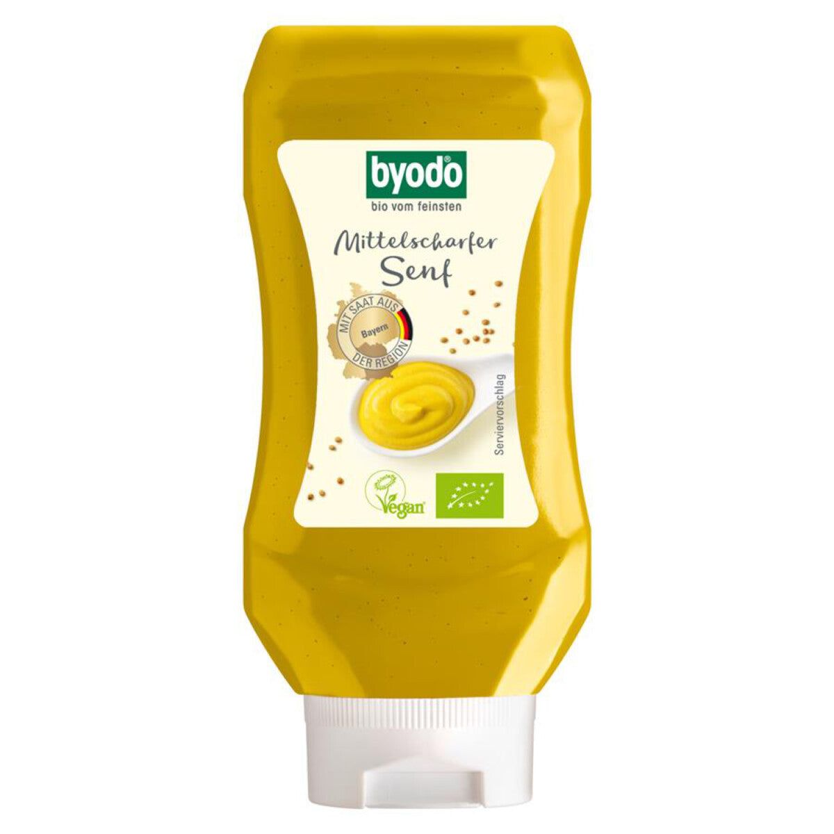 Senf-Flasche, gelb. Aufschrift: Byodo, Mittelscharfer Senf. Siegel: Bayern, Vegan, Bio-Siegel.